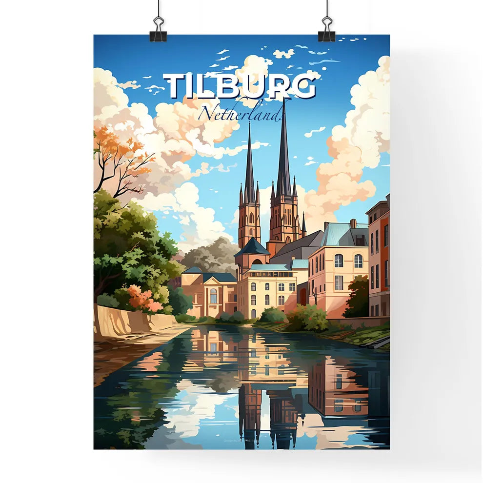Tilburg, Netherlands, A Poster of a river with a body of water and a building with towers Default Title