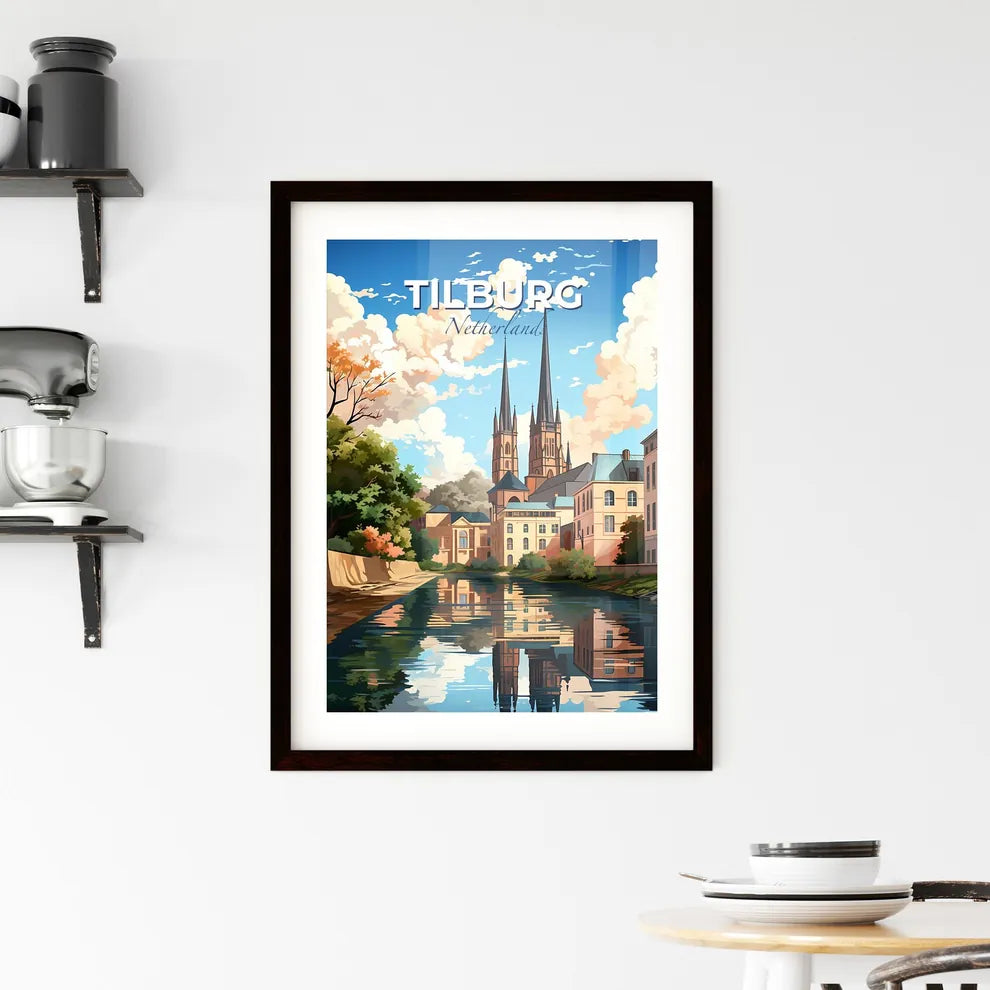 Tilburg, Netherlands, A Poster of a river with a body of water and a building with towers Default Title