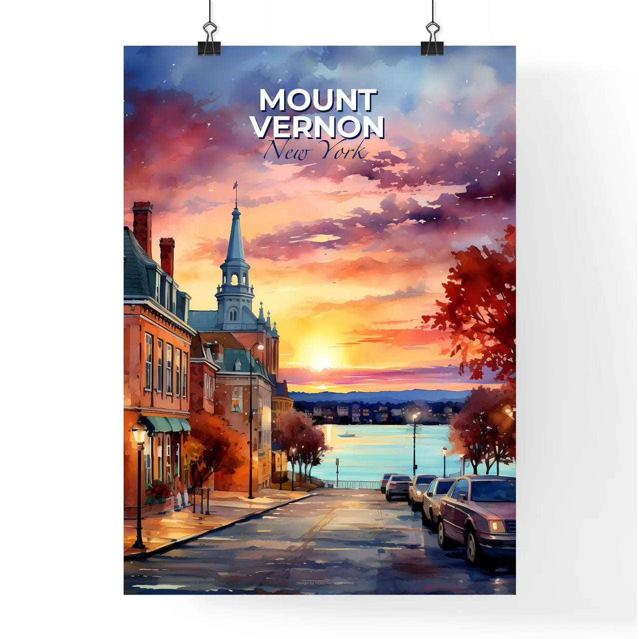 Mount Vernon, New York, A Poster of a street with cars parked on it and a sunset in the background Default Title