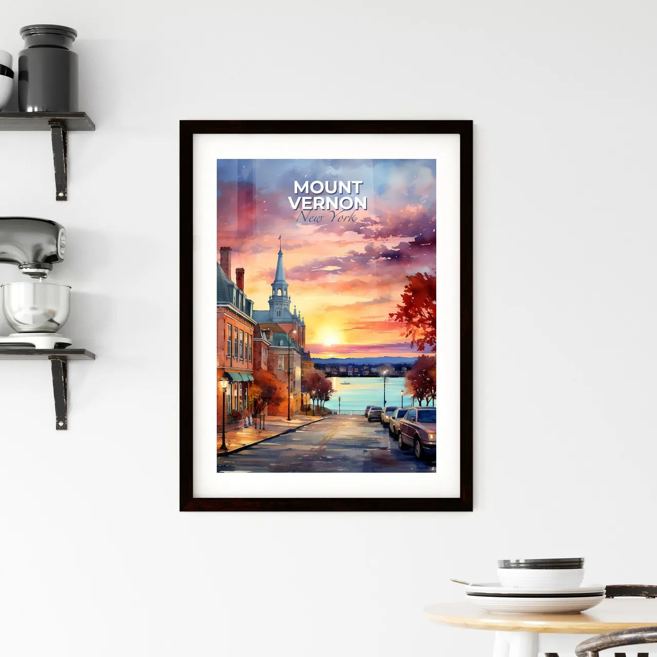 Mount Vernon, New York, A Poster of a street with cars parked on it and a sunset in the background Default Title
