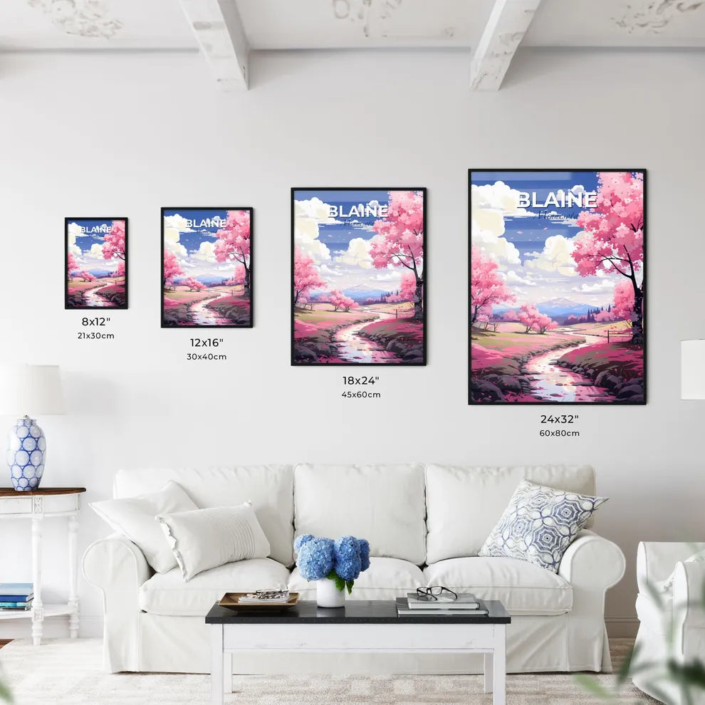 Blaine, Minnesota, A Poster of a stream running through a field with pink trees Default Title