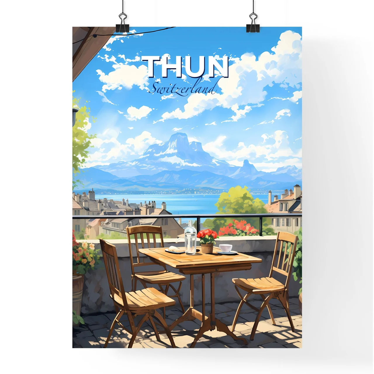 Thun, Switzerland, A Poster of a table and chairs on a balcony overlooking a lake Default Title