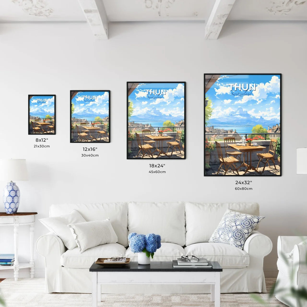 Thun, Switzerland, A Poster of a table and chairs on a balcony overlooking a lake Default Title