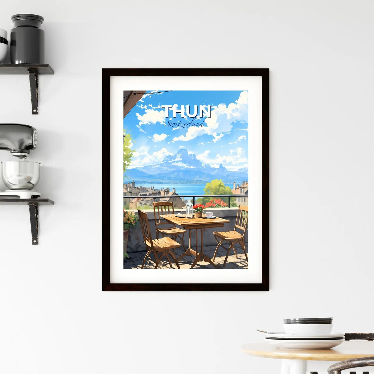 Thun, Switzerland, A Poster of a table and chairs on a balcony overlooking a lake Default Title