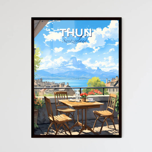 Thun, Switzerland, A Poster of a table and chairs on a balcony overlooking a lake Default Title