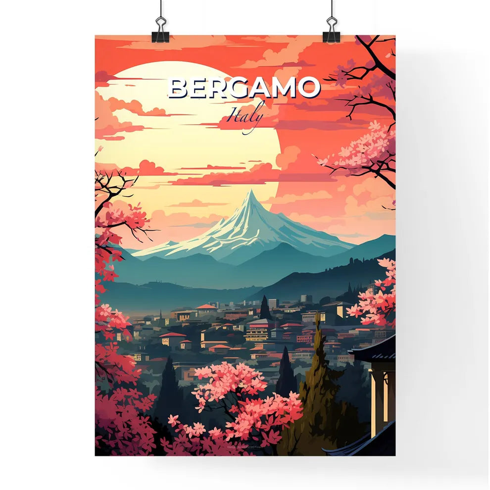 Bergamo, Italy, A Poster of a mountain with a city and trees Default Title