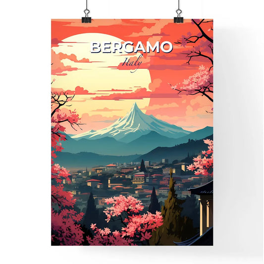Bergamo, Italy, A Poster of a mountain with a city and trees Default Title