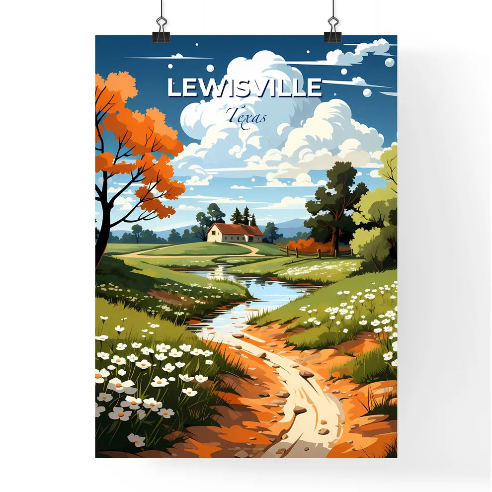 Lewisville, Texas, A Poster of a stream running through a grassy field with trees and a house Default Title
