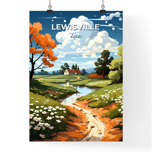 Lewisville, Texas, A Poster of a stream running through a grassy field with trees and a house Default Title