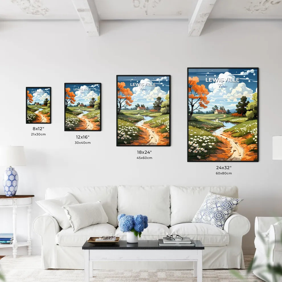 Lewisville, Texas, A Poster of a stream running through a grassy field with trees and a house Default Title