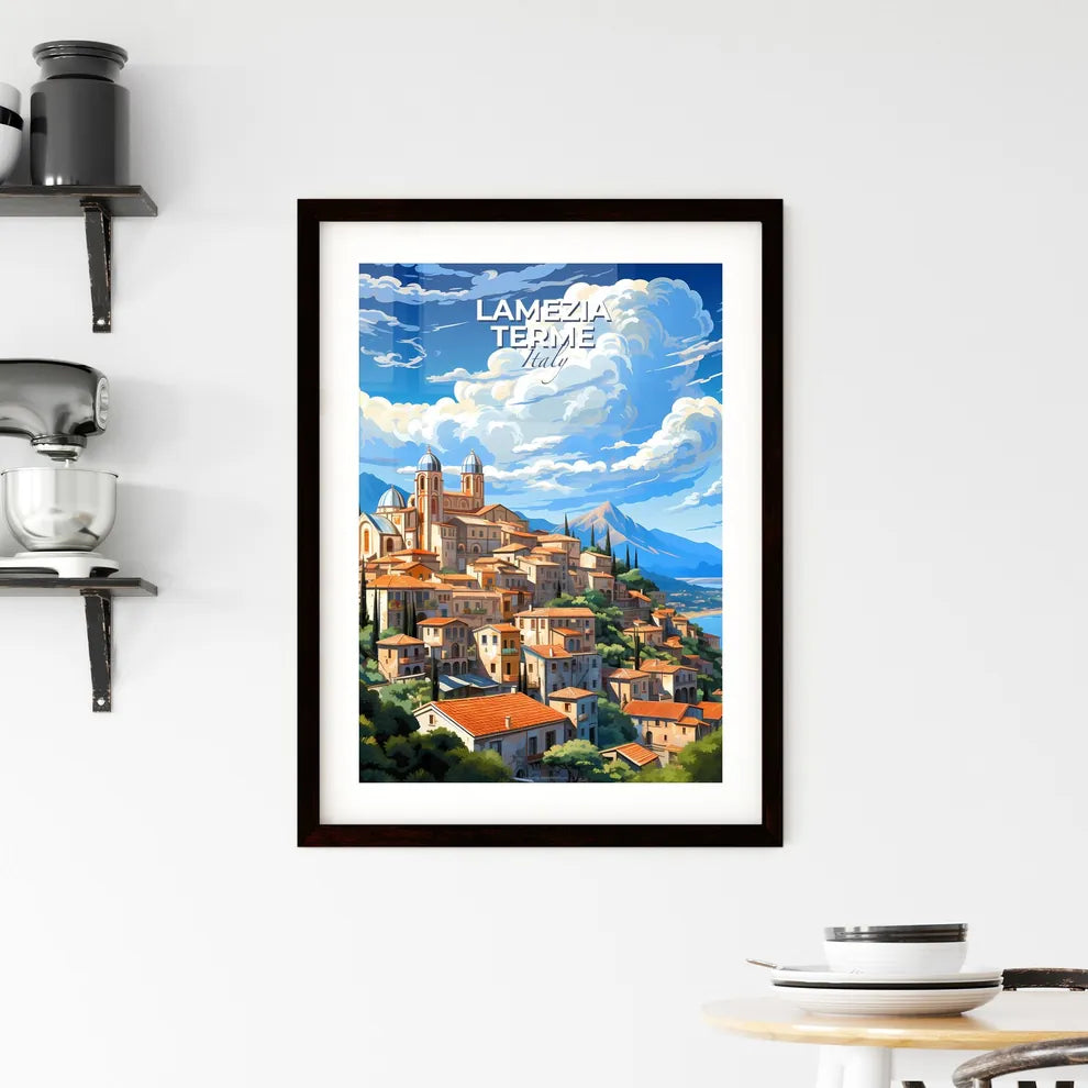 Lamezia Terme, Italy, A Poster of a painting of a town on a hill with trees and mountains Default Title