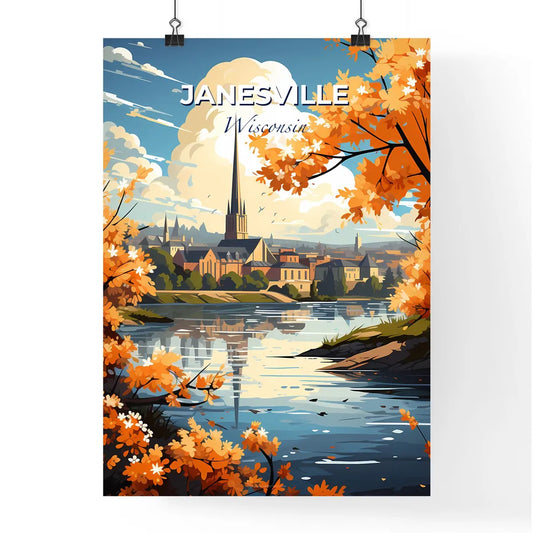 Janesville, Wisconsin, A Poster of a painting of a city with a church and a river Default Title
