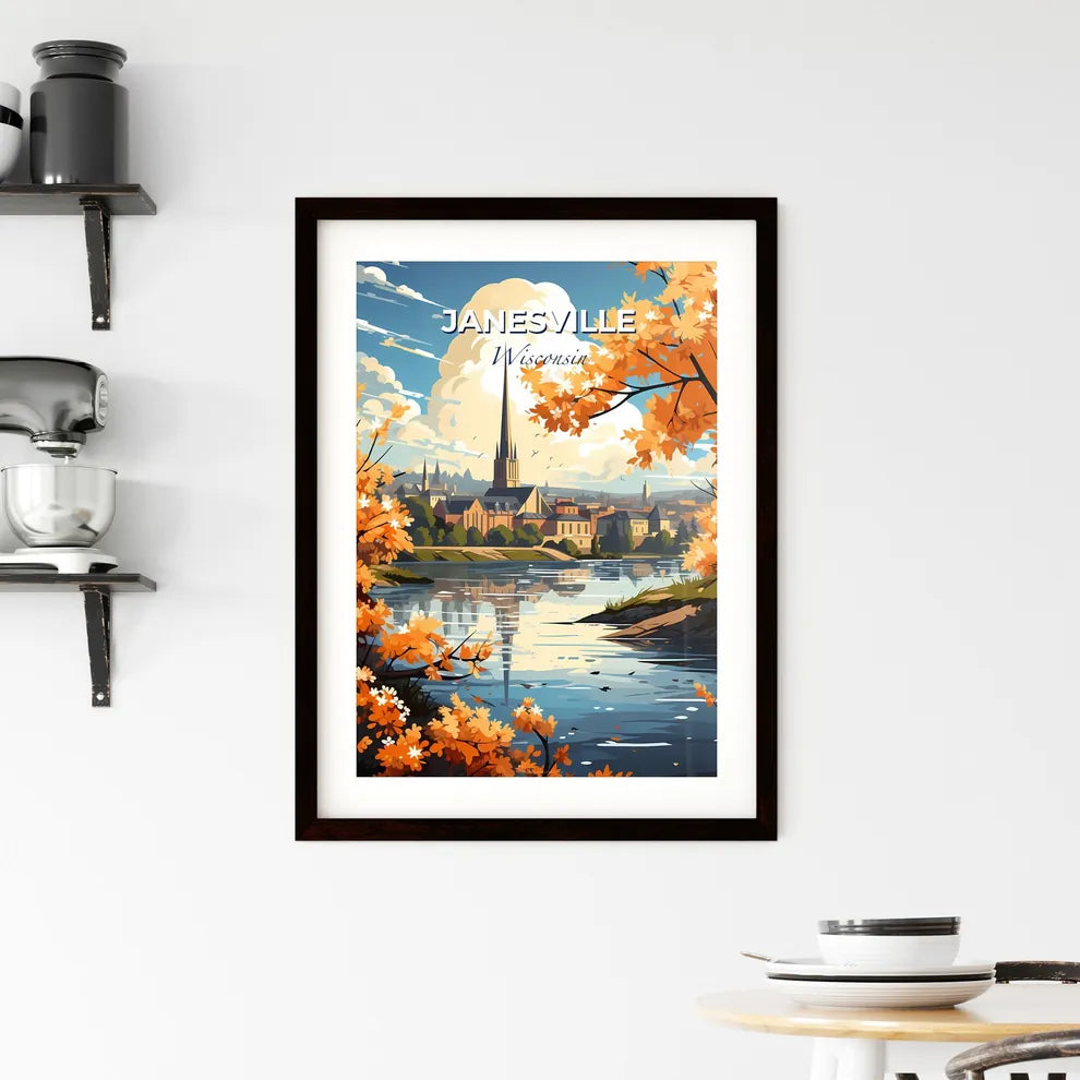 Janesville, Wisconsin, A Poster of a painting of a city with a church and a river Default Title