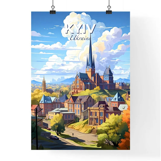 Kyiv, Ukraine, A Poster of a colorful landscape of a town with a church and trees Default Title