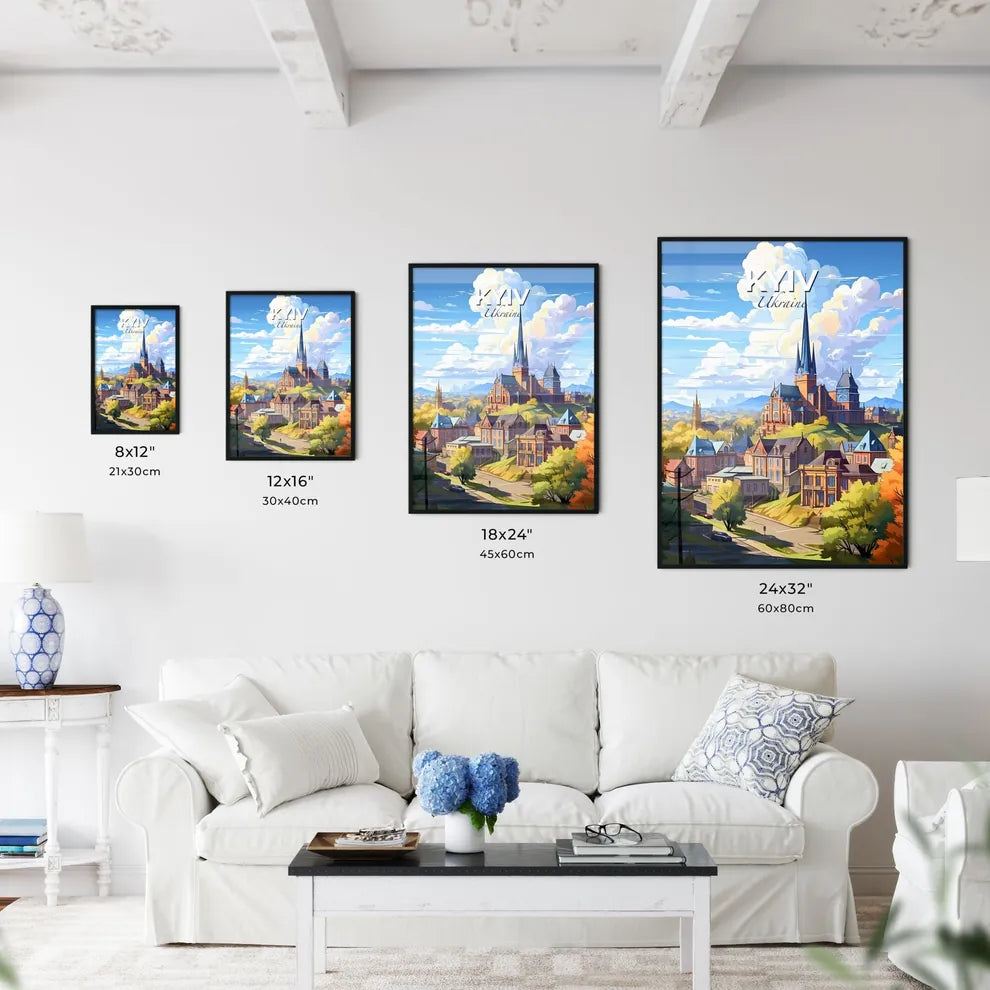 Kyiv, Ukraine, A Poster of a colorful landscape of a town with a church and trees Default Title