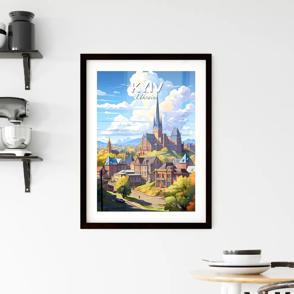 Kyiv, Ukraine, A Poster of a colorful landscape of a town with a church and trees Default Title