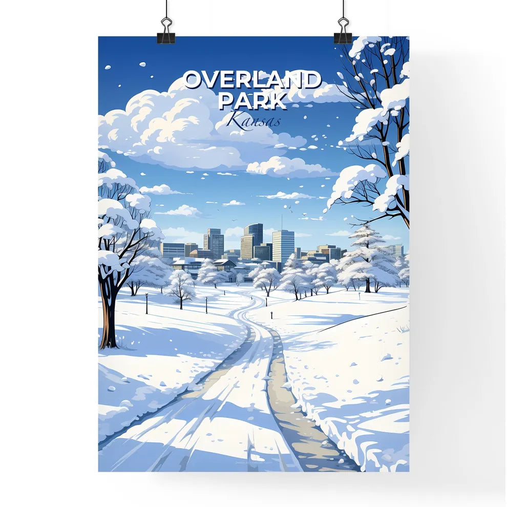 Overland Park, Kansas, A Poster of a snowy landscape with trees and a city in the background Default Title