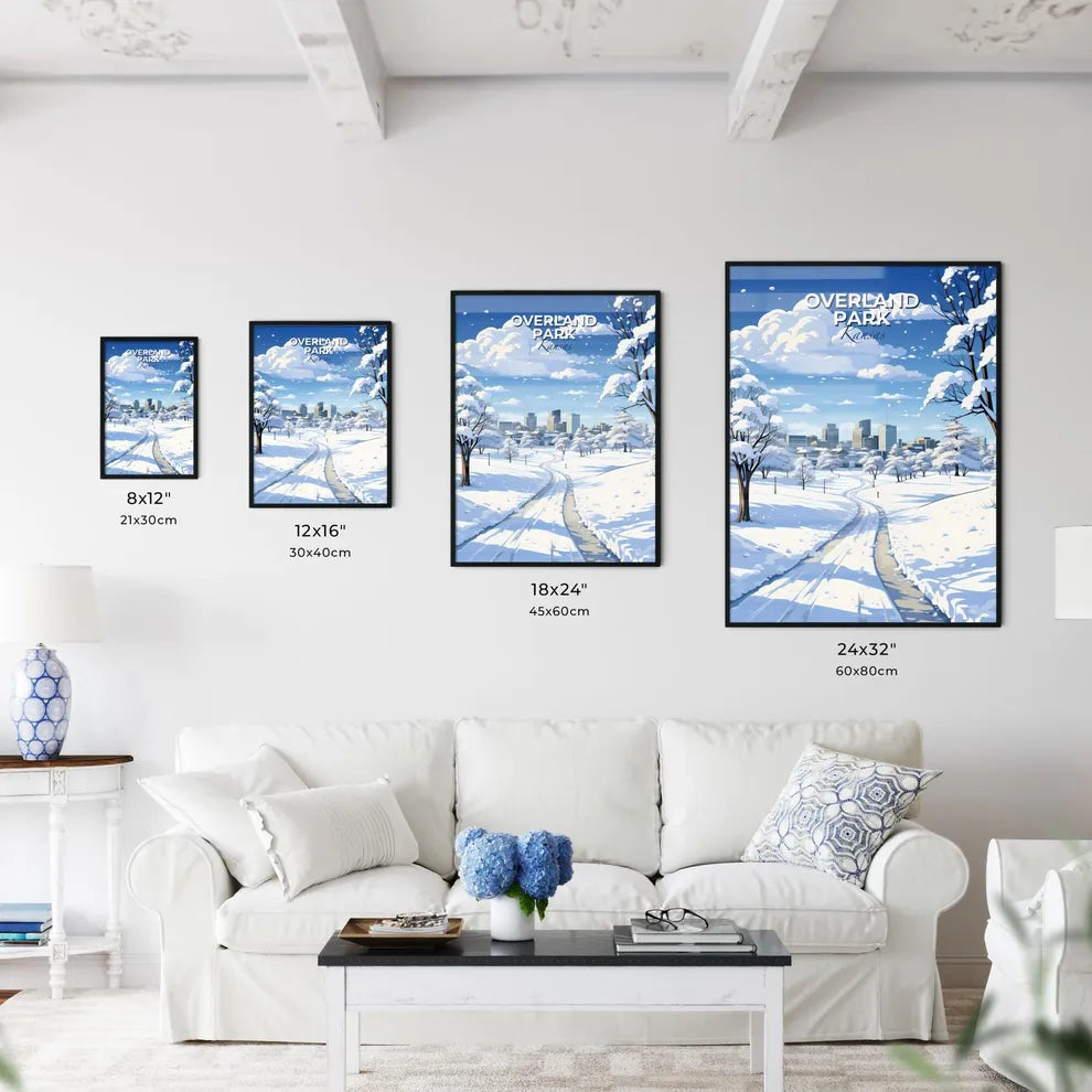 Overland Park, Kansas, A Poster of a snowy landscape with trees and a city in the background Default Title
