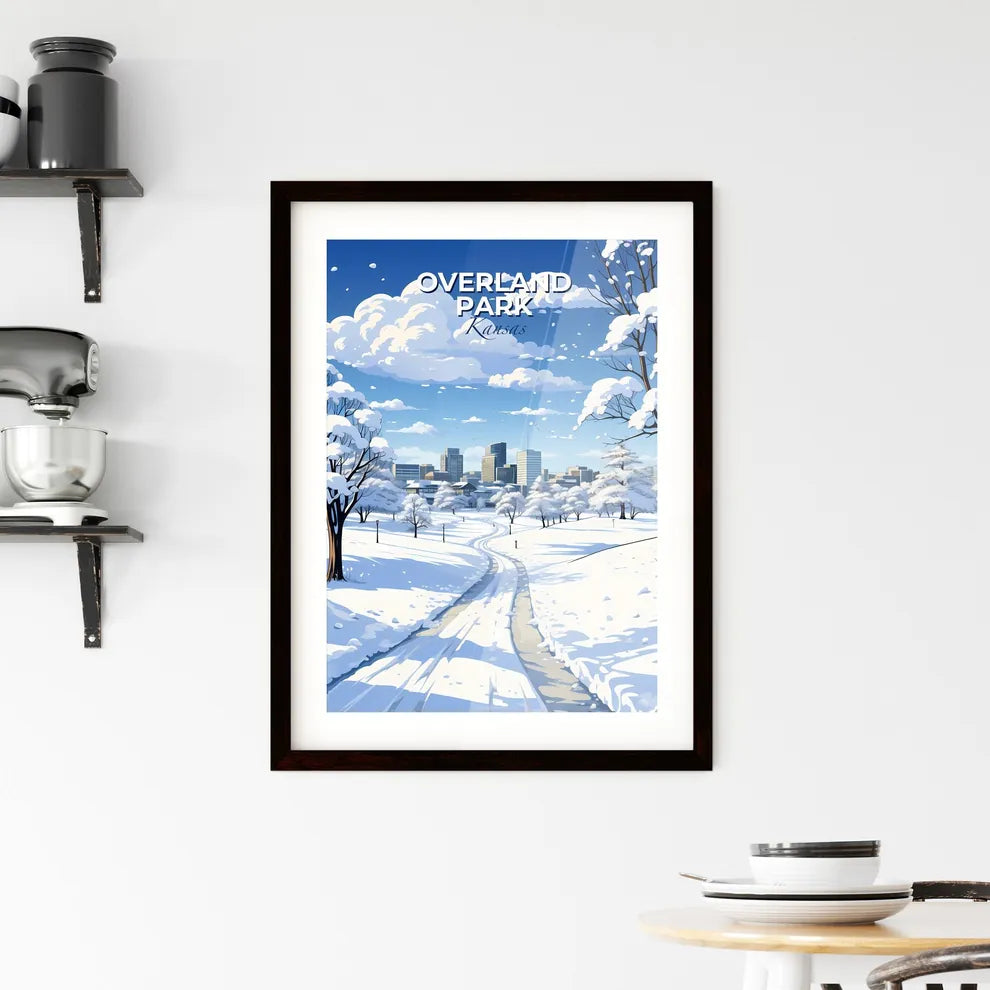 Overland Park, Kansas, A Poster of a snowy landscape with trees and a city in the background Default Title