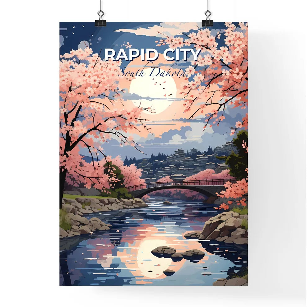 Rapid City, South Dakota, A Poster of a river with pink trees and a bridge over it Default Title