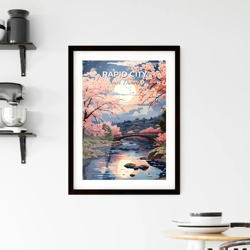 Rapid City, South Dakota, A Poster of a river with pink trees and a bridge over it Default Title