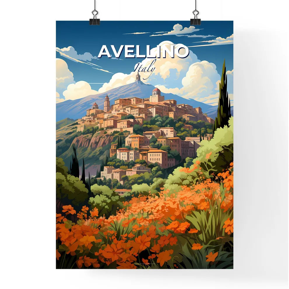 Avellino, Italy, A Poster of a landscape of a town on a hill with orange flowers Default Title