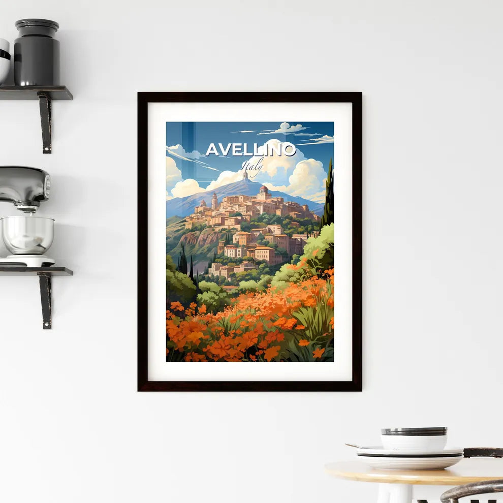 Avellino, Italy, A Poster of a landscape of a town on a hill with orange flowers Default Title
