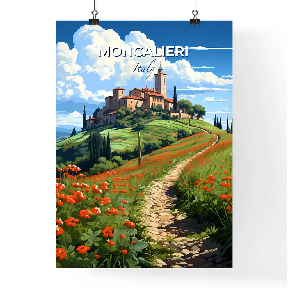 Moncalieri, Italy, A Poster of a road leading to a building on a hill with flowers Default Title