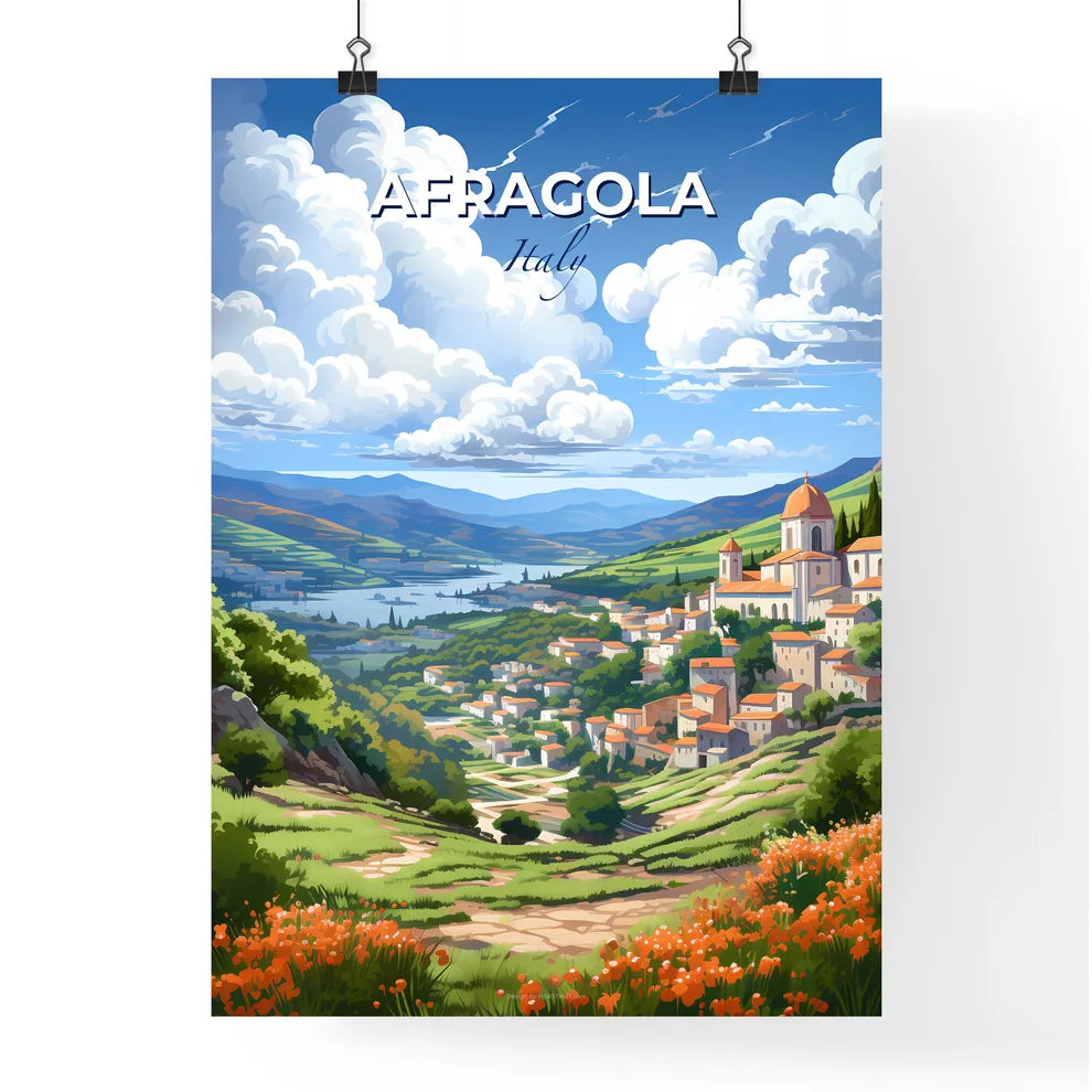 Afragola, Italy, A Poster of a landscape of a town with a river and mountains Default Title