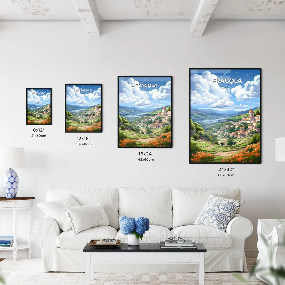 Afragola, Italy, A Poster of a landscape of a town with a river and mountains Default Title