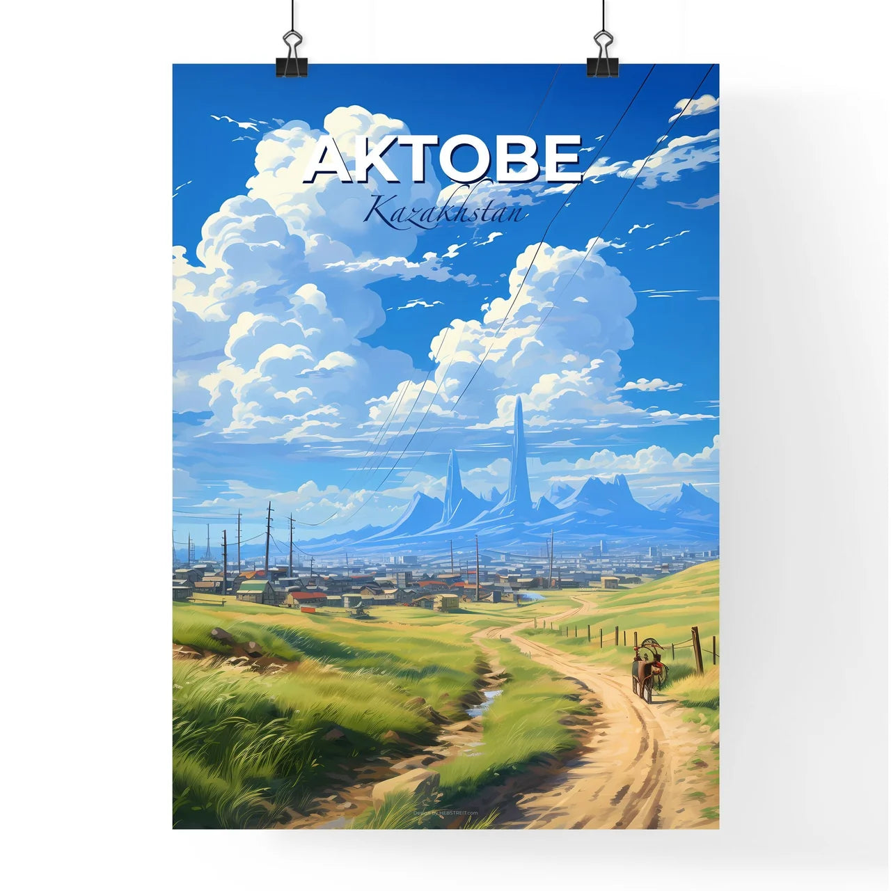 Aktobe, Kazakhstan, A Poster of a landscape with a horse drawn carriage and a city in the background Default Title