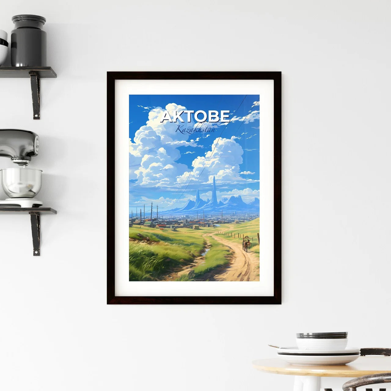 Aktobe, Kazakhstan, A Poster of a landscape with a horse drawn carriage and a city in the background Default Title