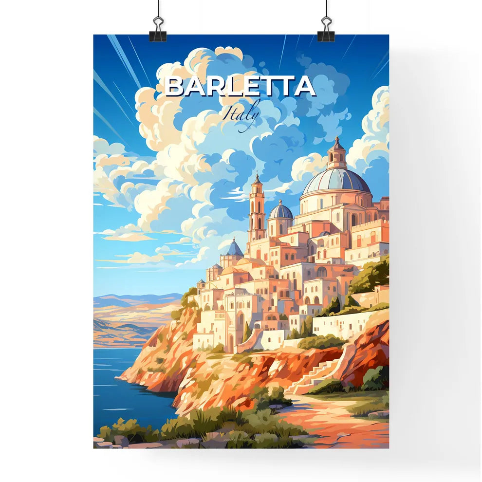 Barletta, Italy, A Poster of a painting of a city on a hill with a body of water and clouds Default Title