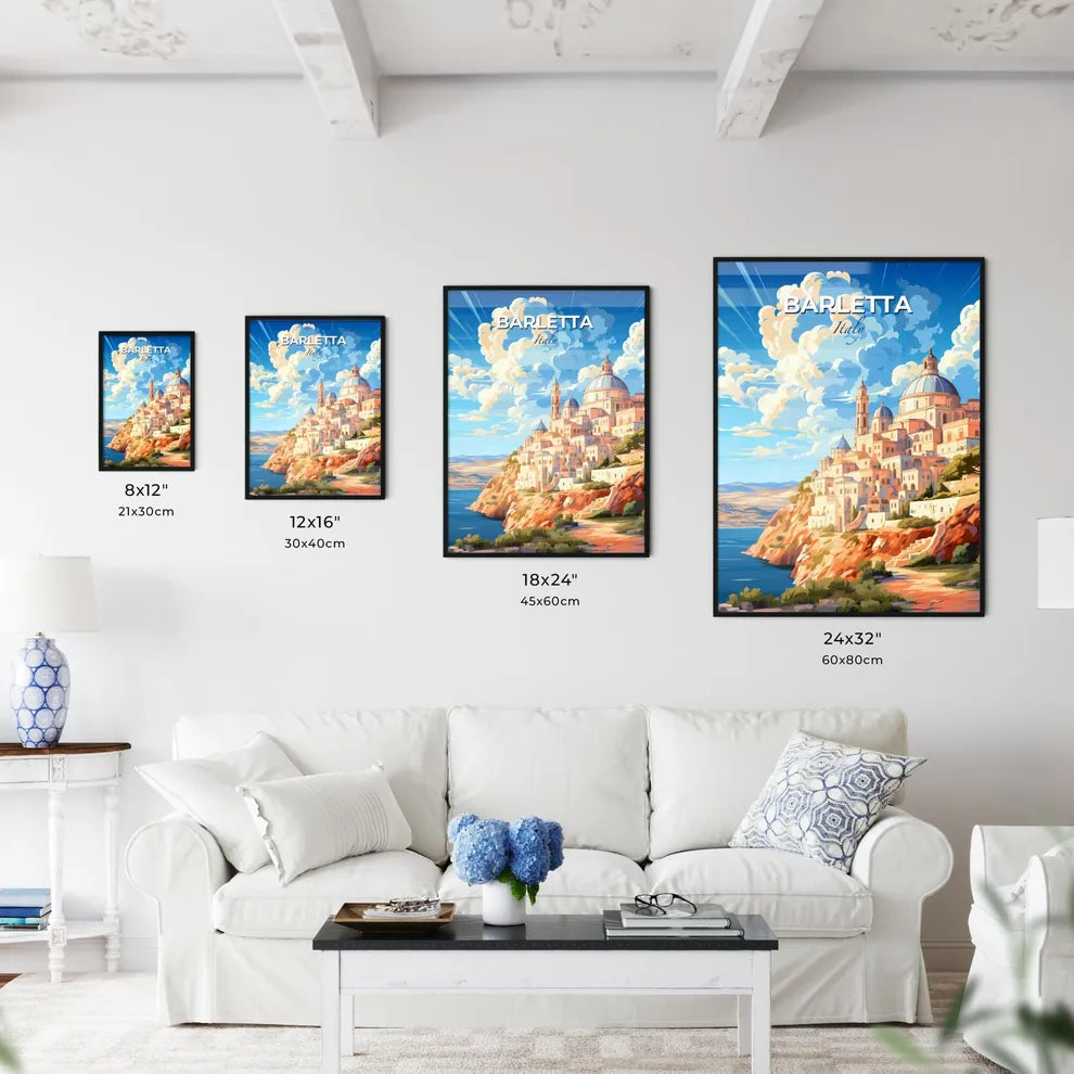 Barletta, Italy, A Poster of a painting of a city on a hill with a body of water and clouds Default Title
