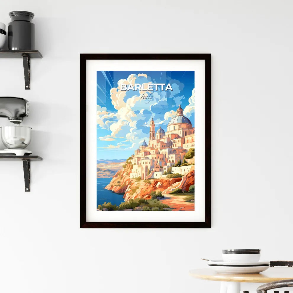 Barletta, Italy, A Poster of a painting of a city on a hill with a body of water and clouds Default Title