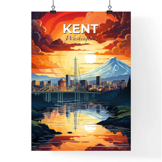 Kent, Washington, A Poster of a sunset over a river with a bridge and a mountain in the background Default Title