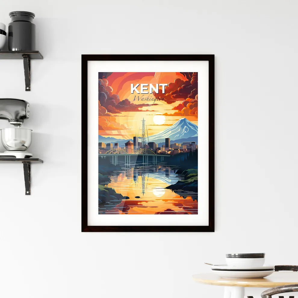 Kent, Washington, A Poster of a sunset over a river with a bridge and a mountain in the background Default Title