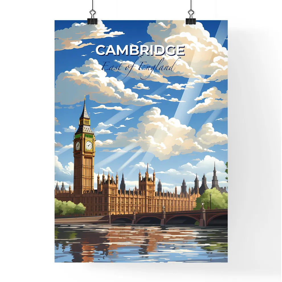Cambridge, East of England, A Poster of a clock tower in front of a building with trees and a bridge Default Title
