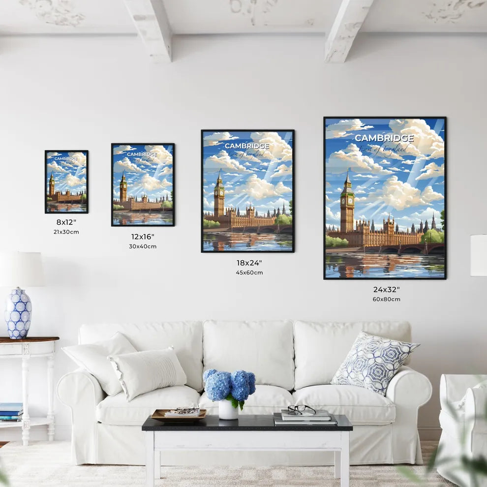 Cambridge, East of England, A Poster of a clock tower in front of a building with trees and a bridge Default Title