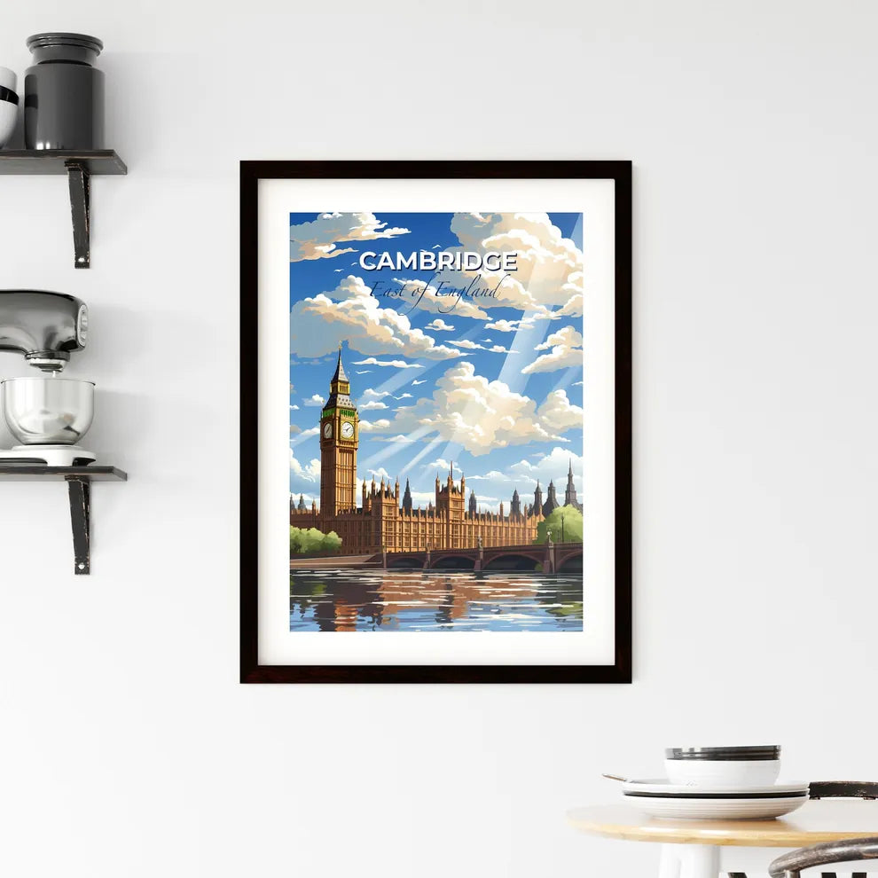 Cambridge, East of England, A Poster of a clock tower in front of a building with trees and a bridge Default Title