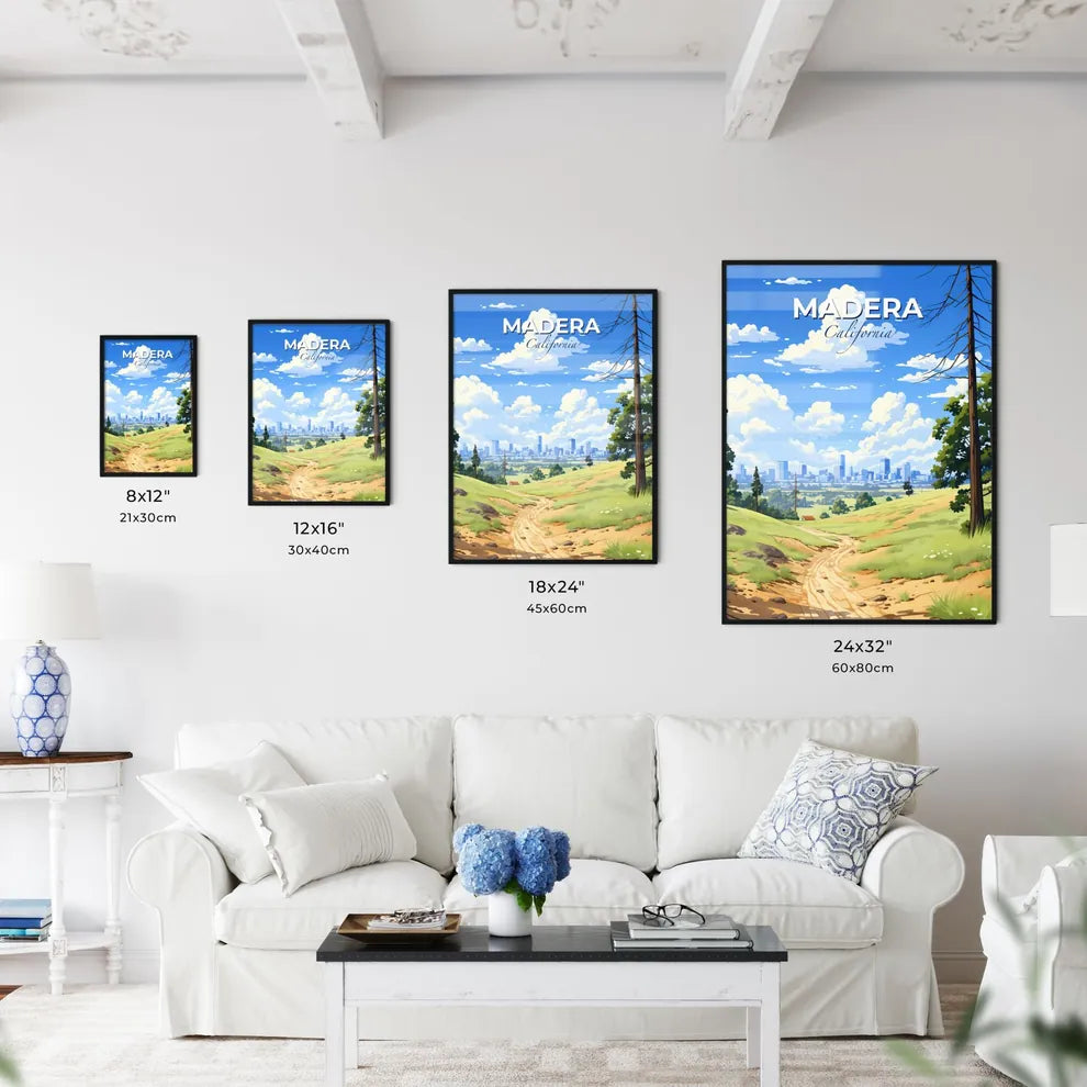 Madera, California, A Poster of a dirt road through a grassy hill with trees and a city in the background Default Title