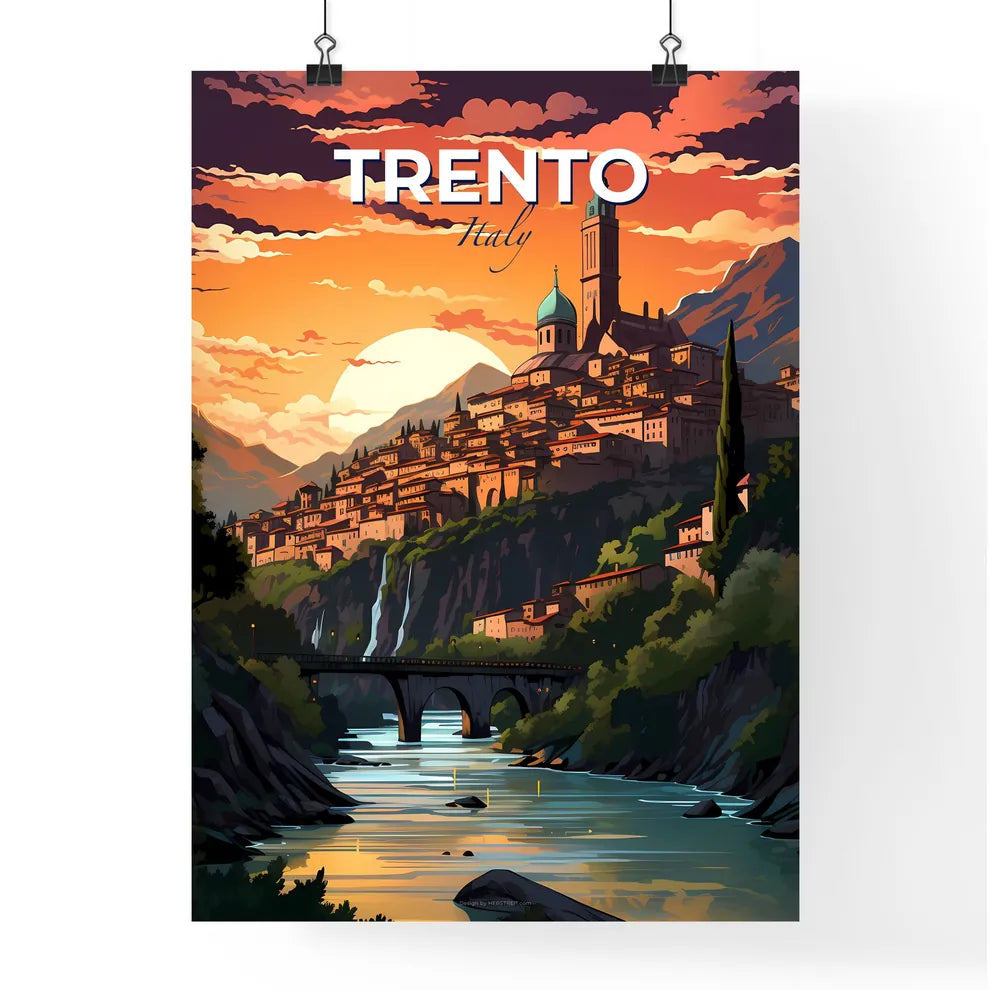 Trento, Italy, A Poster of a city on a hill with a bridge and a river Default Title