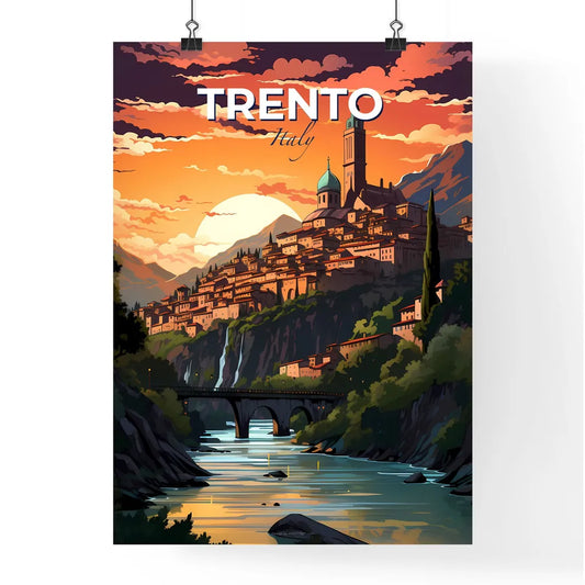 Trento, Italy, A Poster of a city on a hill with a bridge and a river Default Title