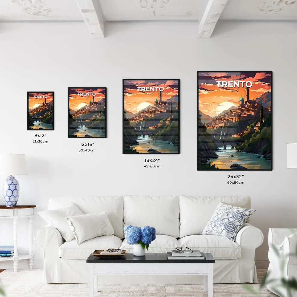 Trento, Italy, A Poster of a city on a hill with a bridge and a river Default Title