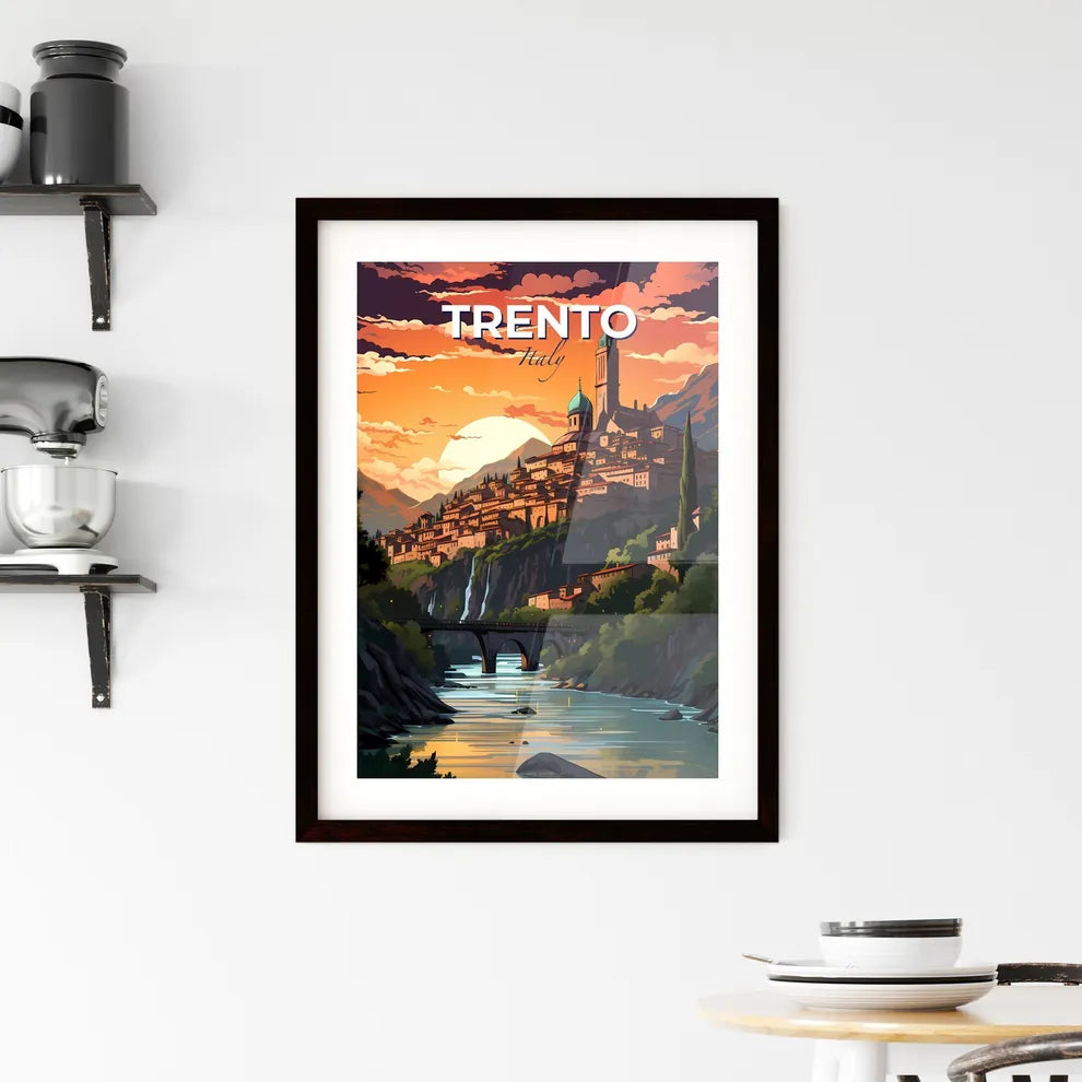 Trento, Italy, A Poster of a city on a hill with a bridge and a river Default Title