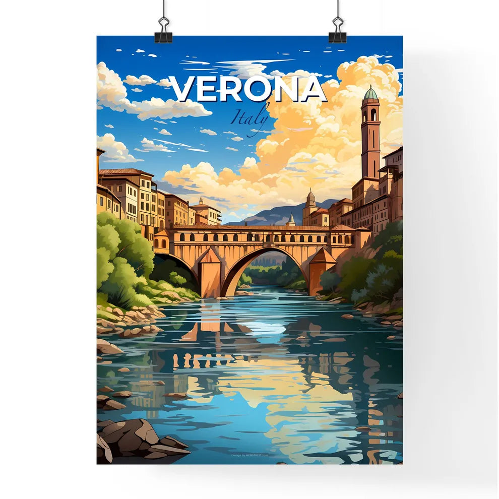 Verona, Italy, A Poster of a bridge over a river with trees and buildings Default Title
