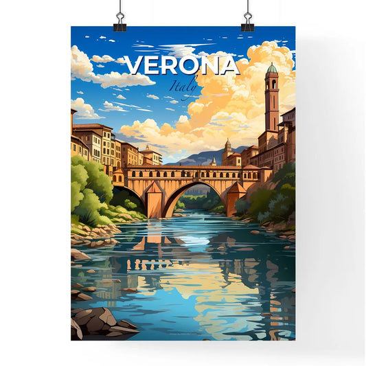 Verona, Italy, A Poster of a bridge over a river with trees and buildings Default Title
