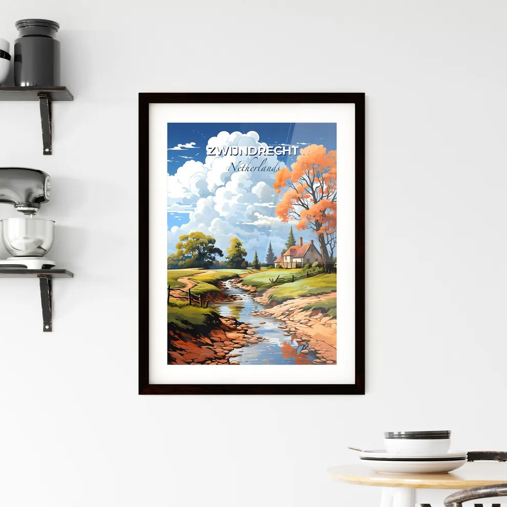 Zwijndrecht, Netherlands, A Poster of a stream running through a grassy field with a house and trees Default Title