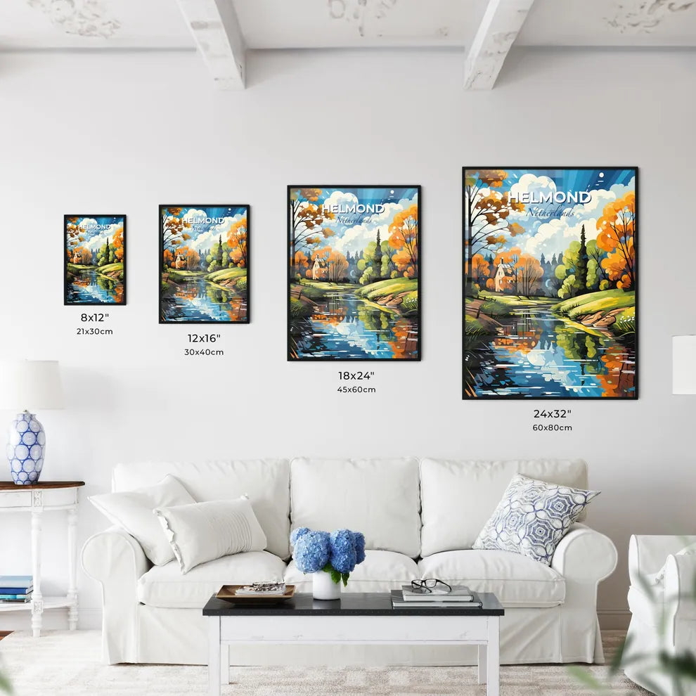 Helmond, Netherlands, A Poster of a painting of a river with trees and a house Default Title