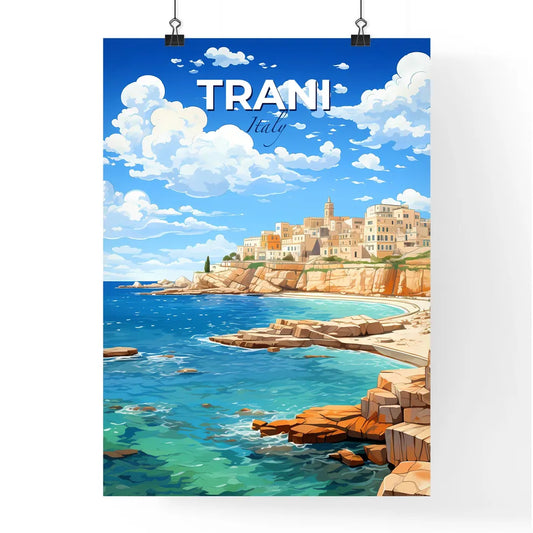 Trani, Italy, A Poster of a beach with buildings and rocks Default Title